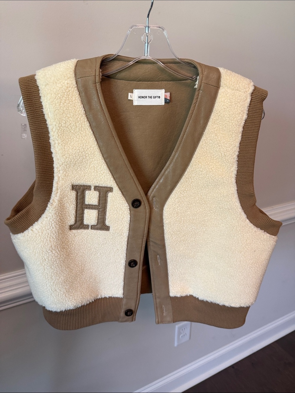 Ivory Sherpa Vest with Brown Trim